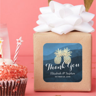 Wedding Favor Thank You Chic Gold Pineapple Couple Square Sticker