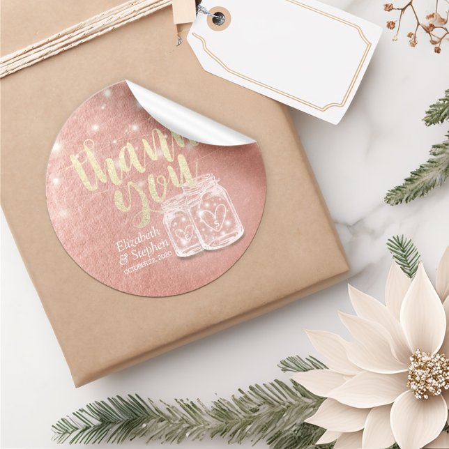 Wedding Favor Thank You Couple Mason Jar Rose Gold Classic Round Sticker (Creator Uploaded)