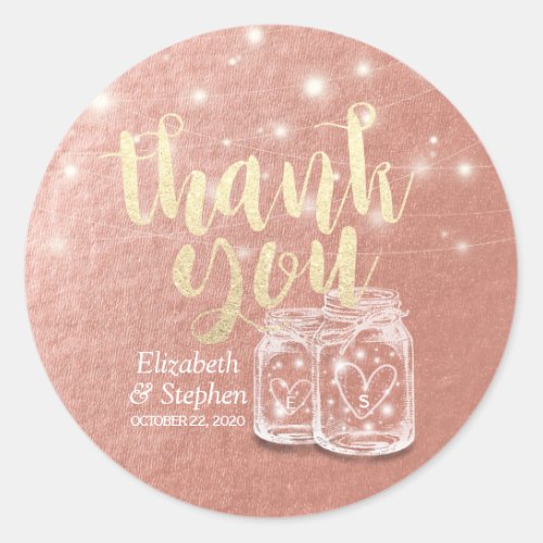 Wedding Favor Thank You Couple Mason Jar Rose Gold Classic Round Sticker