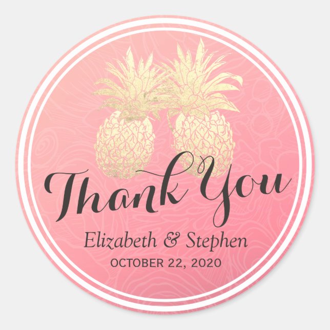 Wedding Favor Thank You Gold Pineapples Pink Roses Classic Round Sticker (Front)