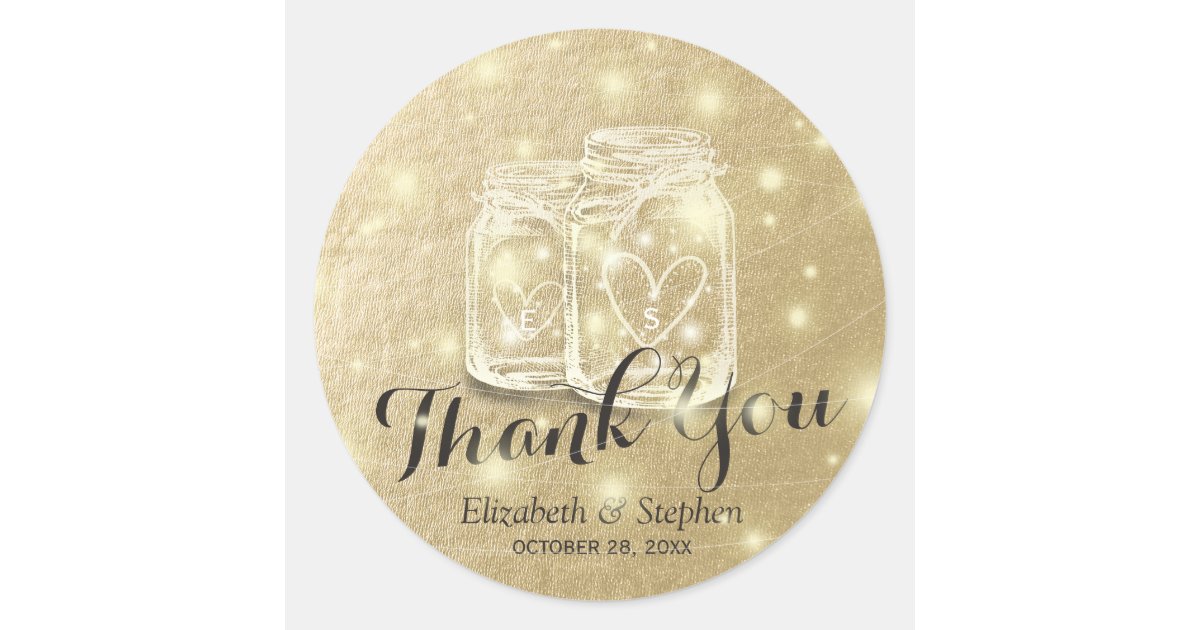 Wedding Favor Thank You Mason Jar & String Lights Classic Round Sticker ...