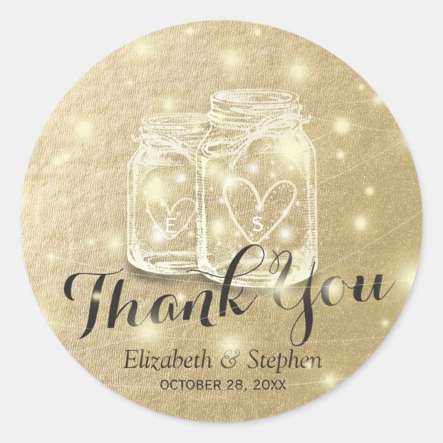 Wedding Favor Thank You Mason Jar & String Lights Classic Round Sticker (Front)
