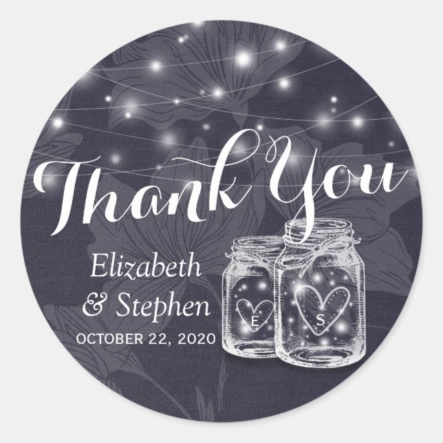 Wedding Favor Thank You Mason Jars & String Lights Classic Round Sticker (Front)
