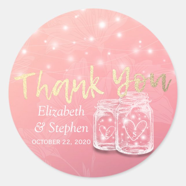 Wedding Favor Thank You Mason Jars & String Lights Classic Round Sticker (Front)
