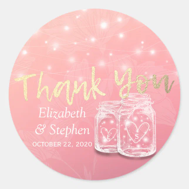 Wedding Favor Thank You Mason Jars & String Lights Classic Round ...