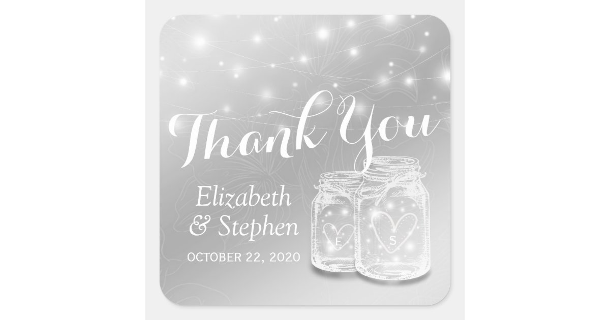 Wedding Favor Thank You Mason Jars & String Lights Square Sticker | Zazzle