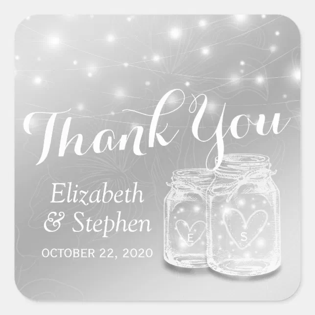 Wedding Favor Thank You Mason Jars & String Lights Square Sticker | Zazzle