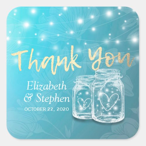 Wedding Favor Thank You Mason Jars  String Lights Square Sticker