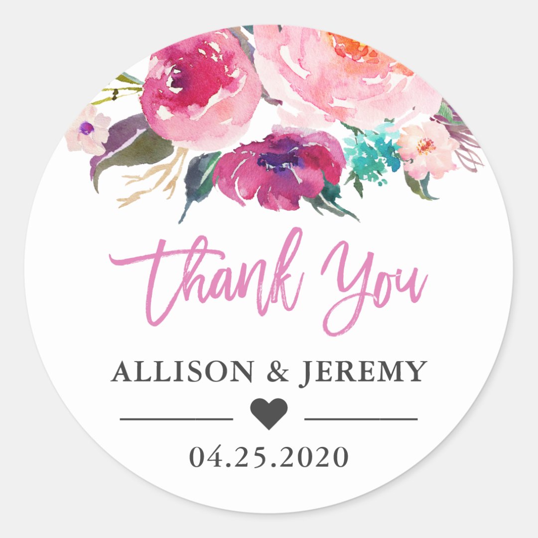 Wedding Favor Thank You Modern Watercolor Floral Classic Round Sticker ...