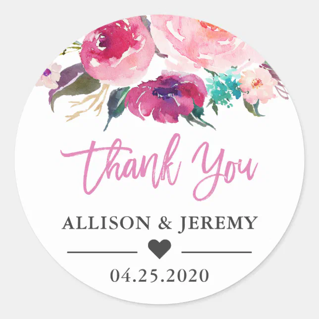 Wedding Favor Thank You Modern Watercolor Floral Classic Round Sticker ...