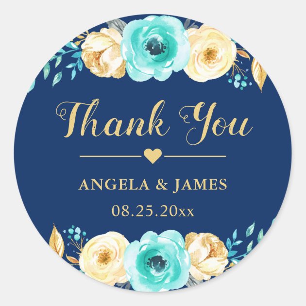 Wedding Favor Thank You Navy Blue Gold Floral Classic Round Sticker
