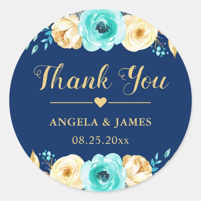 Wedding Favor Thank You Navy Blue Gold Floral Classic Round Sticker (Front)