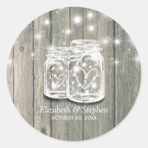 Wedding Favor Thank You Rustic Wood Mason Jar Lamp Classic Round Sticker