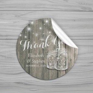 Wedding Favor Thank You Rustic Wood Mason Jar Lamp Classic Round Sticker