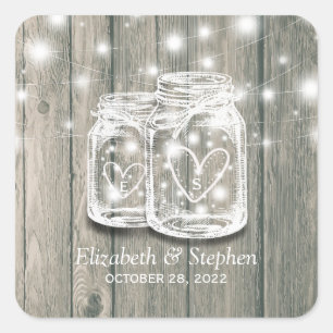 Wedding Favor Thank You Rustic Wood Mason Jar Lamp Square Sticker