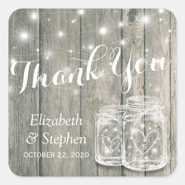 Wedding Favor Thank You Rustic Wood Mason Jar Lamp Square Sticker | Zazzle