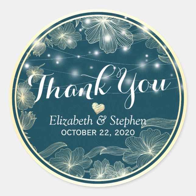 Wedding Favor Thank You Sticker Blue Gold Flowers (Front)