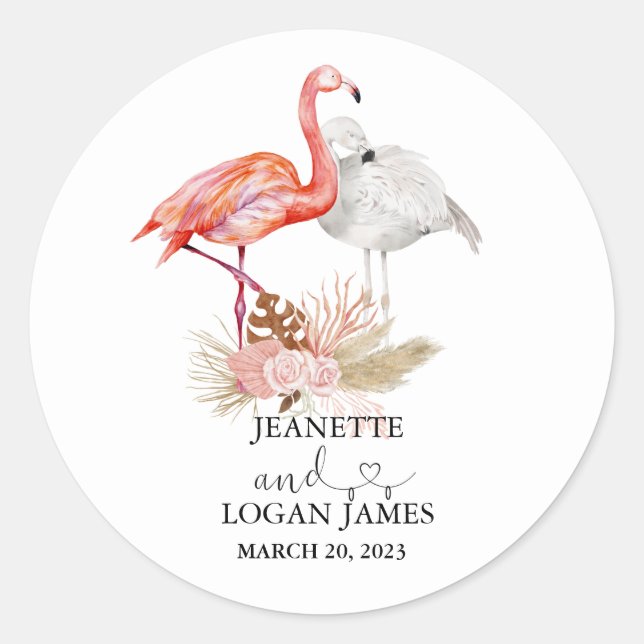 Wedding Favor Tropical Flamingo Boho  Classic Round Sticker (Front)