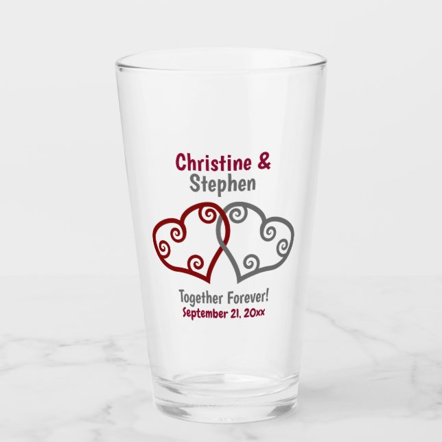 Wedding Favor Two Joined Interlocked Hearts Pint Glass (Front)