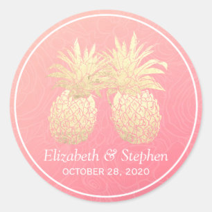 Wedding Favor Vintage Gold Foil Pineapple Couple Classic Round Sticker