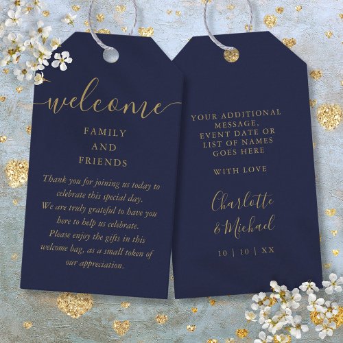 Wedding Favor Welcome Basket Bag Navy Blue Gold Gift Tags