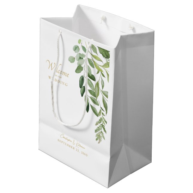 Wedding Favor Welcome Foliage Gold Text Medium Gift Bag (Back Angled)