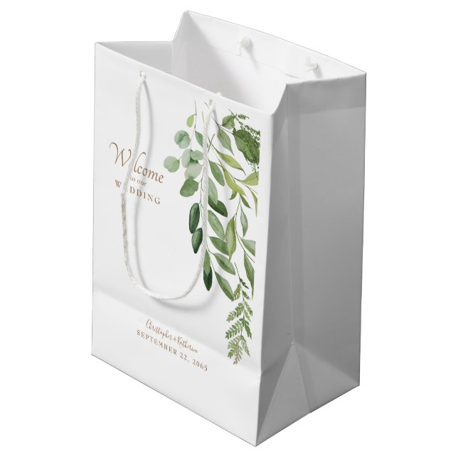 Wedding Favor Welcome Gold Names Foliage Medium Gift Bag (Back Angled)