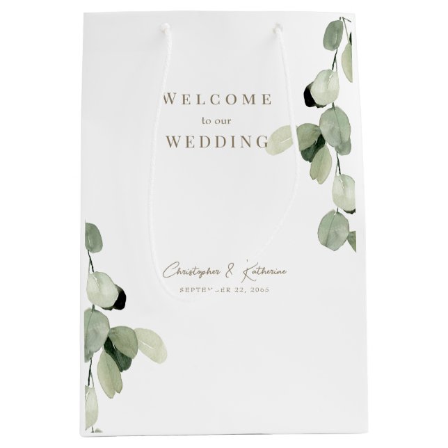 Wedding Favor Welcome Greenery Gold Text Medium Gift Bag (Front)