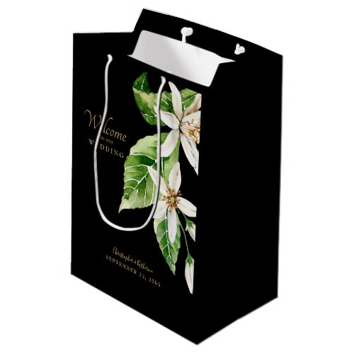 Wedding Favor Welcome  Names White Floral Black Medium Gift Bag