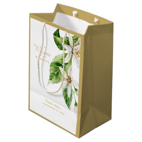 Wedding Favor Welcome  Names White Floral  Medium Gift Bag