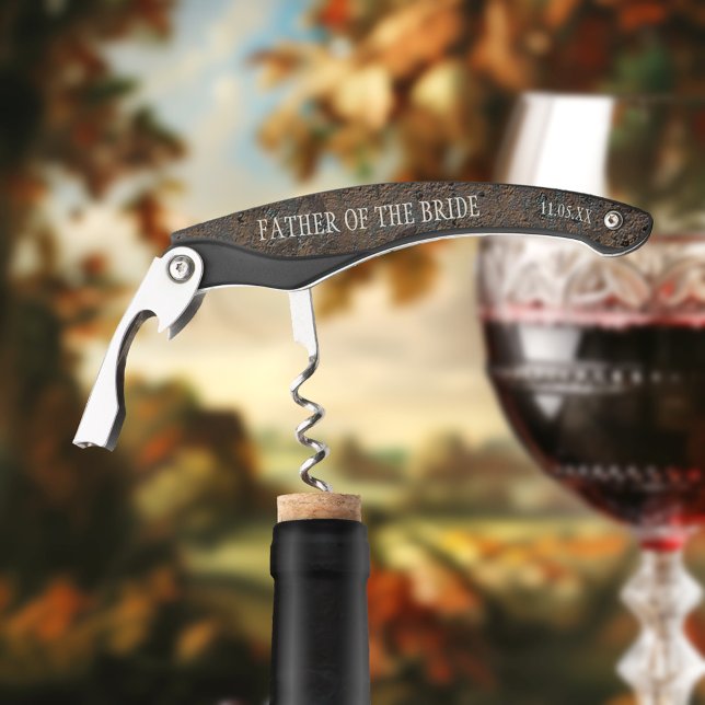 Wedding Favor Wine Corkscrew Bottle Opener (Wine corkscrew bottle opener featuring a grunge metallic design - father of the bride - wedding)
