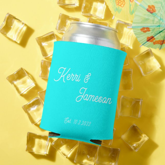 Wedding Favors Aqua Minimalist Script  Can Cooler (In Situ Summer)