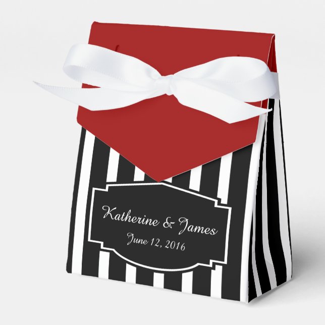 Wedding Favors; B&W Stripes w/ Red, Custom Label Favor Boxes (Front Side)