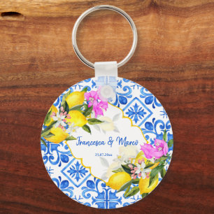 Wedding Favors Blue tiles lemon Bougainvillea Keychain