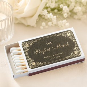 Wedding Favors Elegant Vintage Black Gold Script  Matchboxes