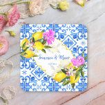 Wedding favors gift Blue tiles lemon Bougainvillea Square Paper Coaster<br><div class="desc">Blue tiles Bougainvillea  and lemon Amalfi Positano Mediterranean style custom wedding favor gift personalized name paper coasters,  personalized bridal party gifts.</div>