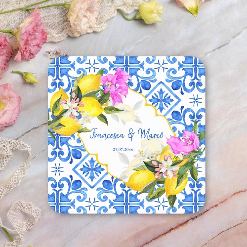 Wedding favors gift Blue tiles lemon Bougainvillea Square Paper Coaster