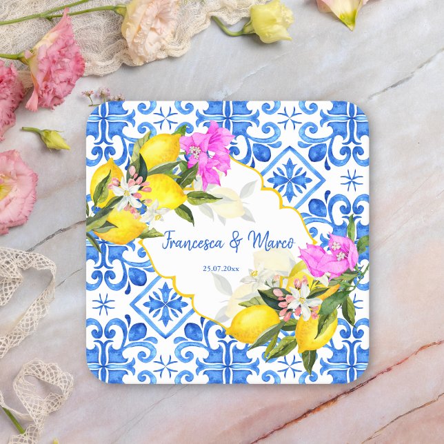 Wedding favors gift Blue tiles lemon Bougainvillea Square Paper Coaster (Creator Uploaded)