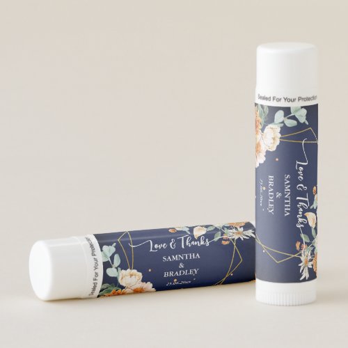 Wedding favors orange blue sage flowers navy blue lip balm