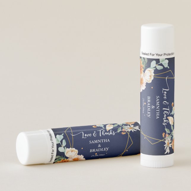 Wedding favors orange blue sage flowers navy blue lip balm (Front)