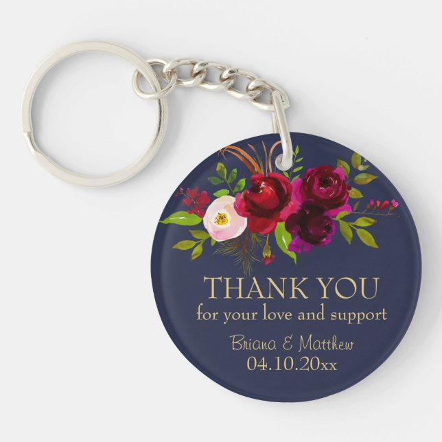 Wedding Favors Photo Key Chain Burgundy and Blue (Front)