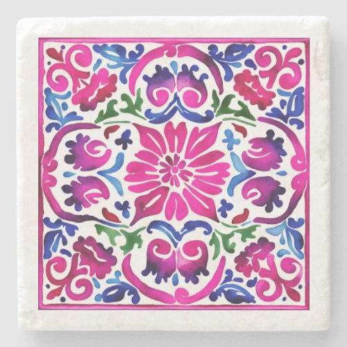 Wedding favors Pink blue Mexican Talavera tiles Stone Coaster