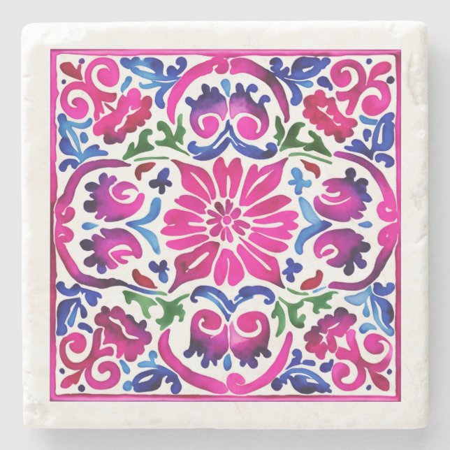 Wedding favors Pink blue Mexican Talavera tiles Stone Coaster (Front)