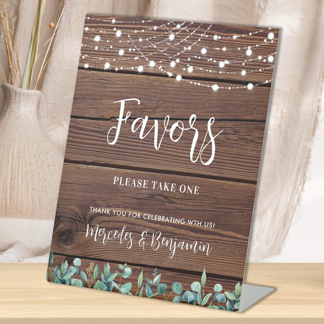 Wedding Favors Rustic Wood Greenery String Lights  Pedestal Sign (Creator Uploaded)