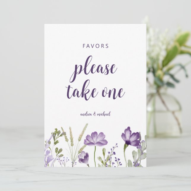 Wedding Favors Sign Purple Lavender Floral Card (Standing Front)