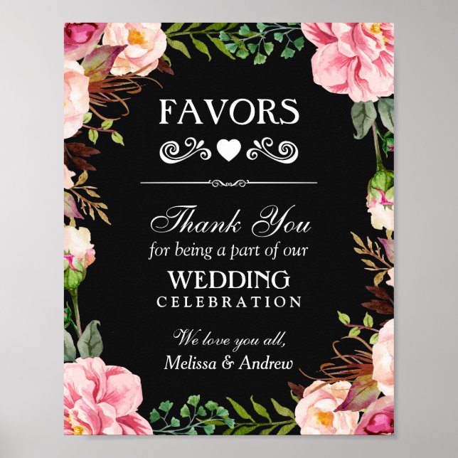 Wedding Favors Thank You Sign | Pink Floral Wreath (Front)
