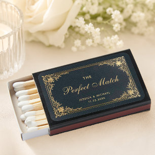 Wedding Favors Vintage Blue Gold Elegant Script  Matchboxes
