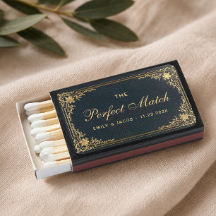 Wedding Favors Vintage Elegant Script Blue Gold Matchboxes