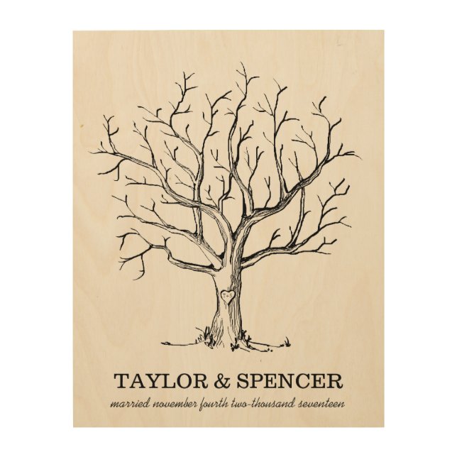 Wedding Fingerprint Tree (Black) Wood Print (Front)