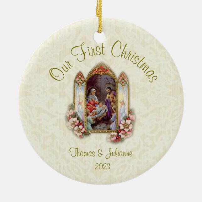 Wedding First Christmas Catholic Ceramic Ornament (Back)